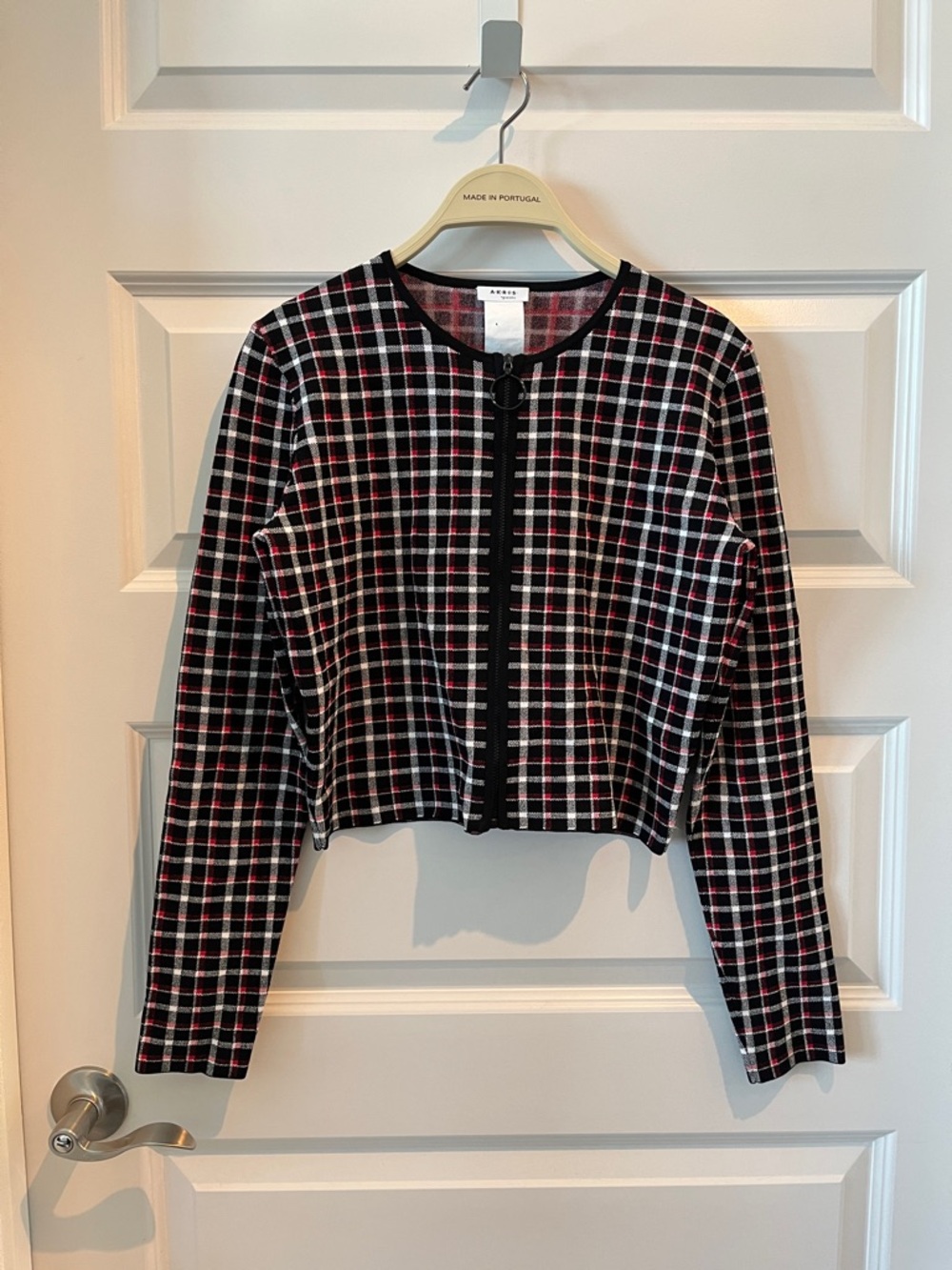 Akris Punto Cropped Plaid Black Red White Zip Cardigan Jacket